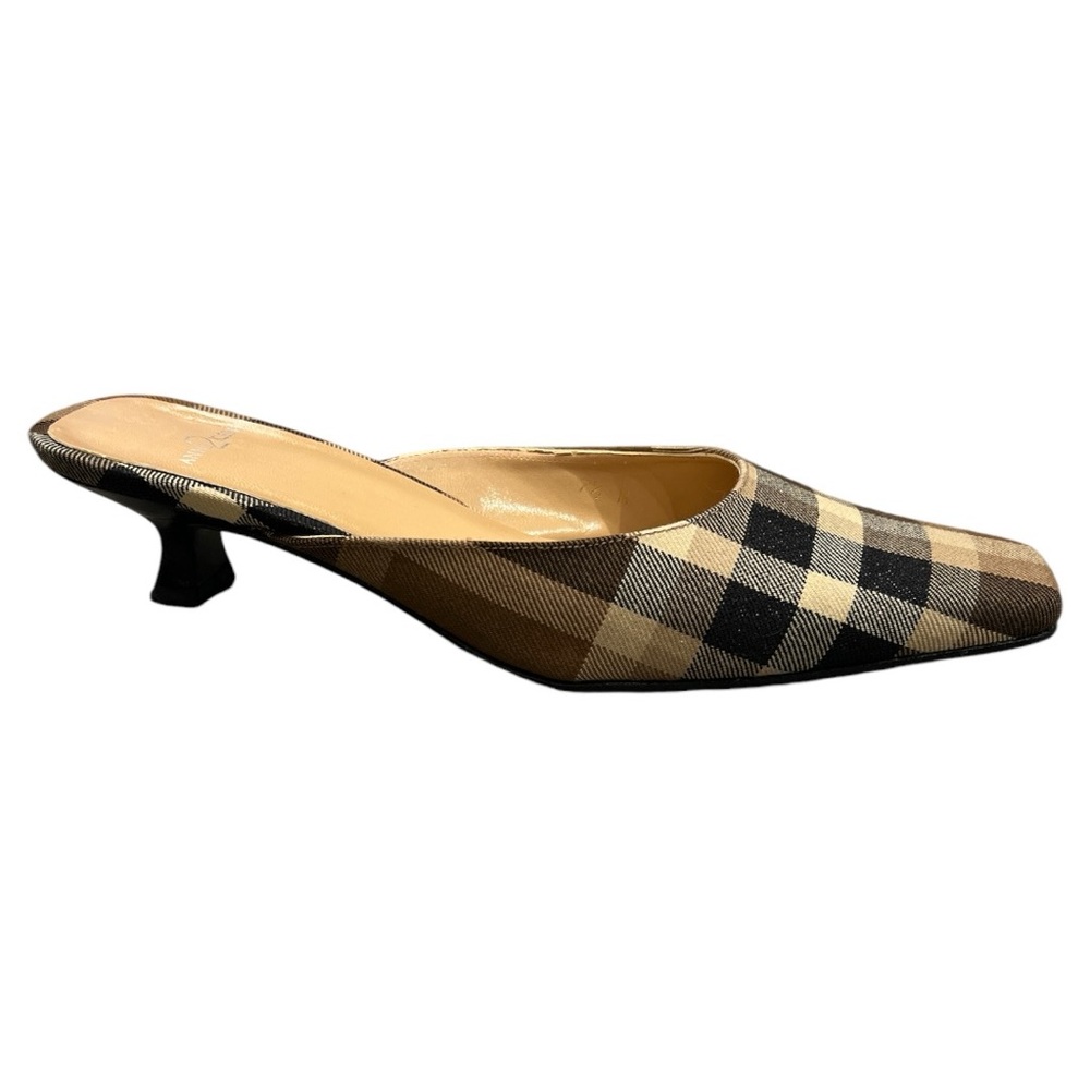 Tan brown black plaid mule 1 3/4” heel high vamp snipped toe 7.5 Anne Klein 2